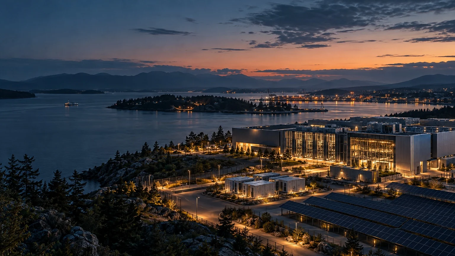 Illustrative coastal infrastructure, solar generation and resilience systems at dusk