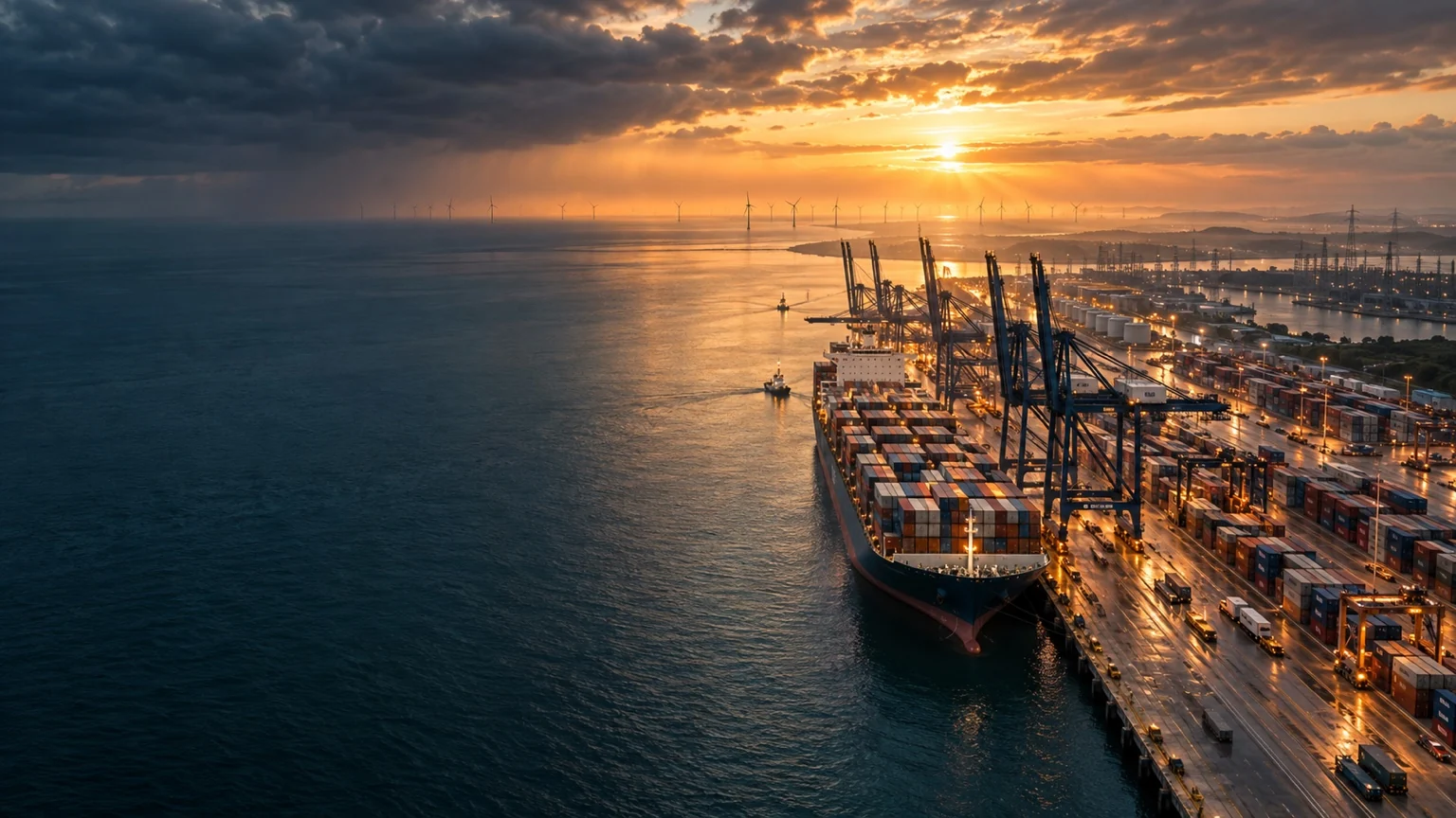 Illustrative maritime logistics, cargo vessel and port at sunset